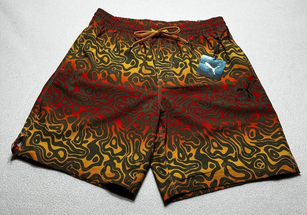 Puma Swim Shorts Trunks Mens Small 7" Colorful Lava Above Knee Geometric NWT New